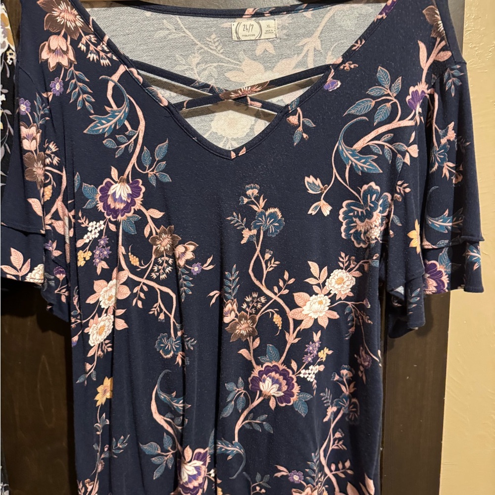 Floral Navy Blouse with Ruffle Sleeves